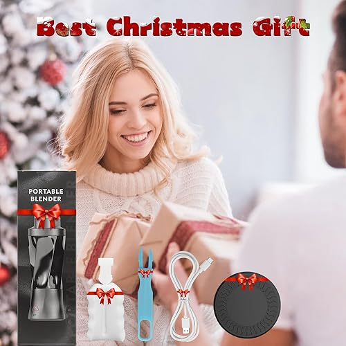 Set de blender portabil cu ambalaj și accesorii, etichetat ca 'Cel mai bun cadou de Crăciun.